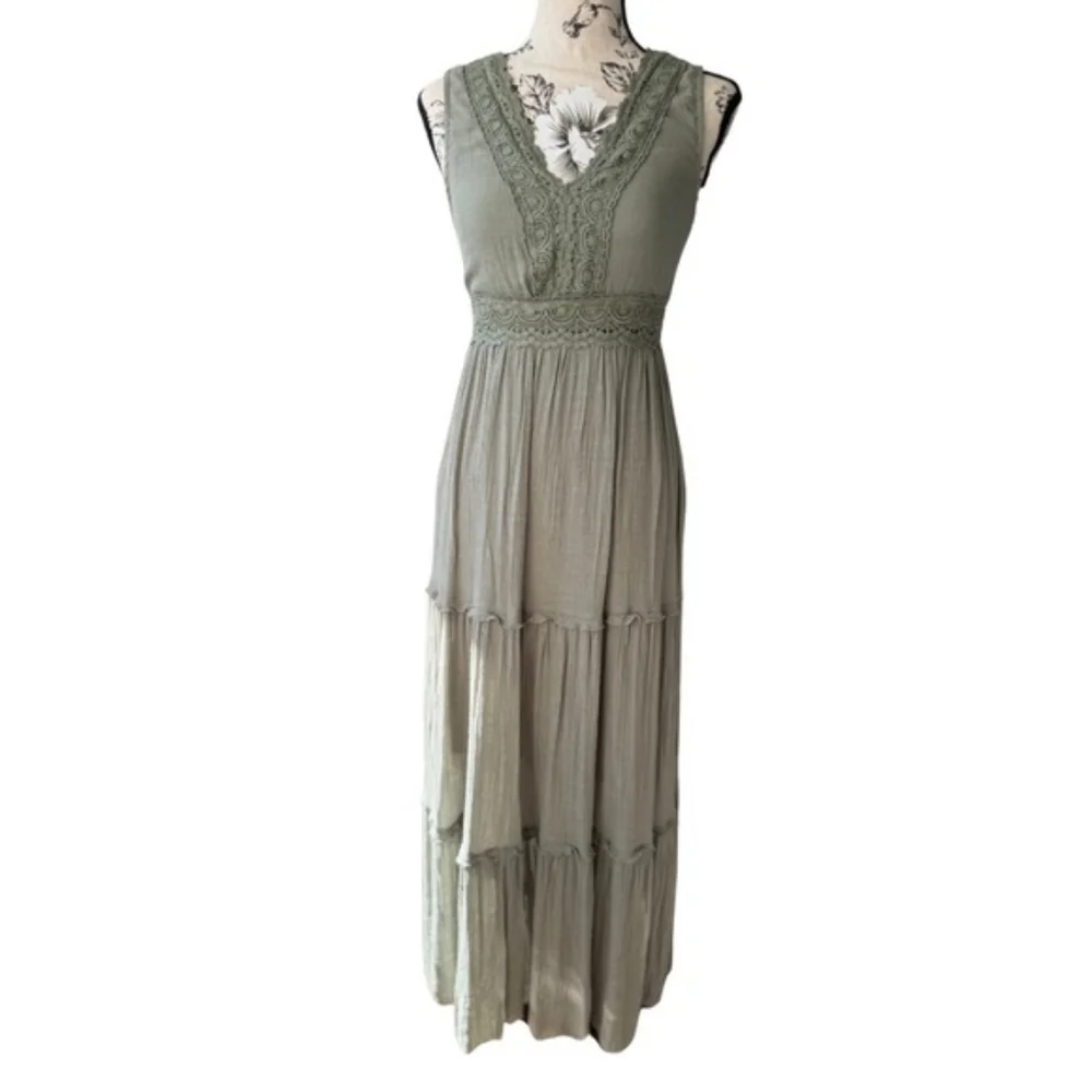 NWT Rebellion Sleeveless Tiered Maxi Dress - Olive Green - Boho - Picture 8 of 8